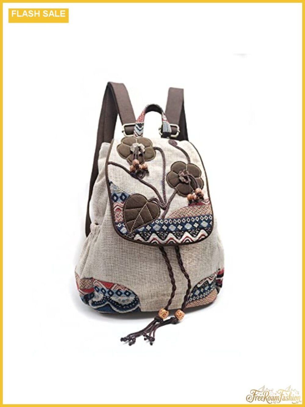 Hand-Embroidered Boho Canvas Drawstring Backpack Purse for Women Anti-Theft
